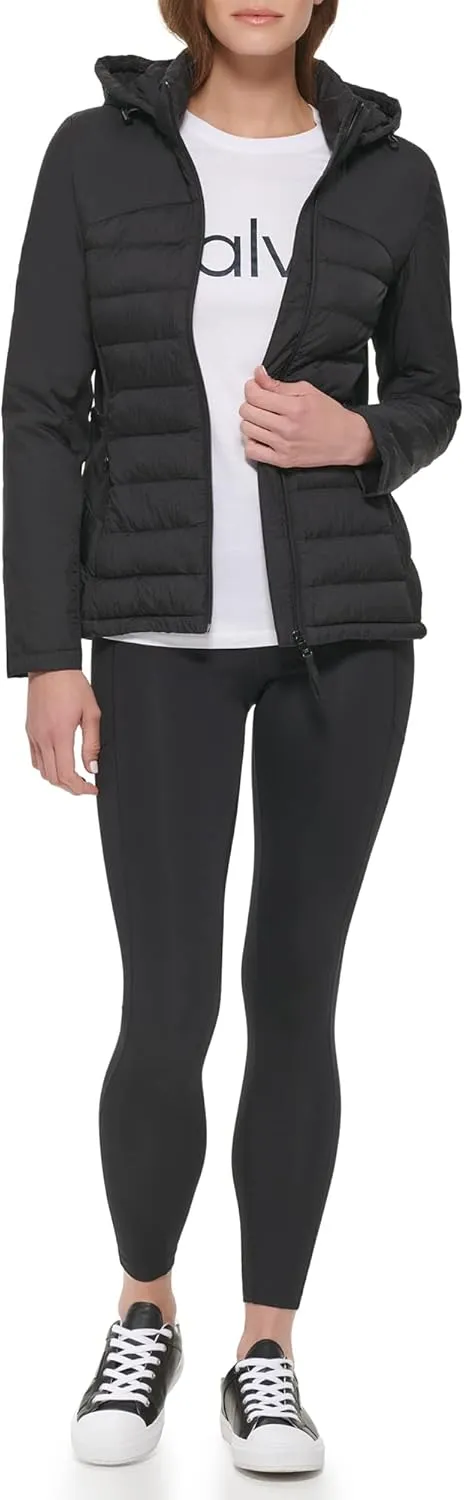 Calvin Klein Women's Lightweight Scuba Side Panels Adjustable Hood Zip Pockets Puffer