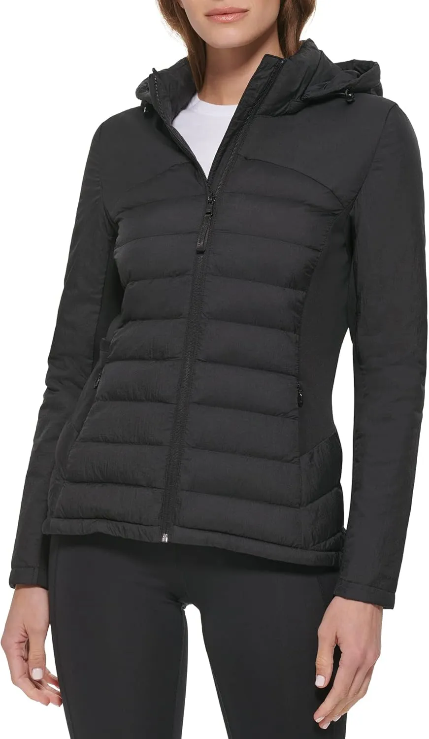 Calvin Klein Women's Lightweight Scuba Side Panels Adjustable Hood Zip Pockets Puffer