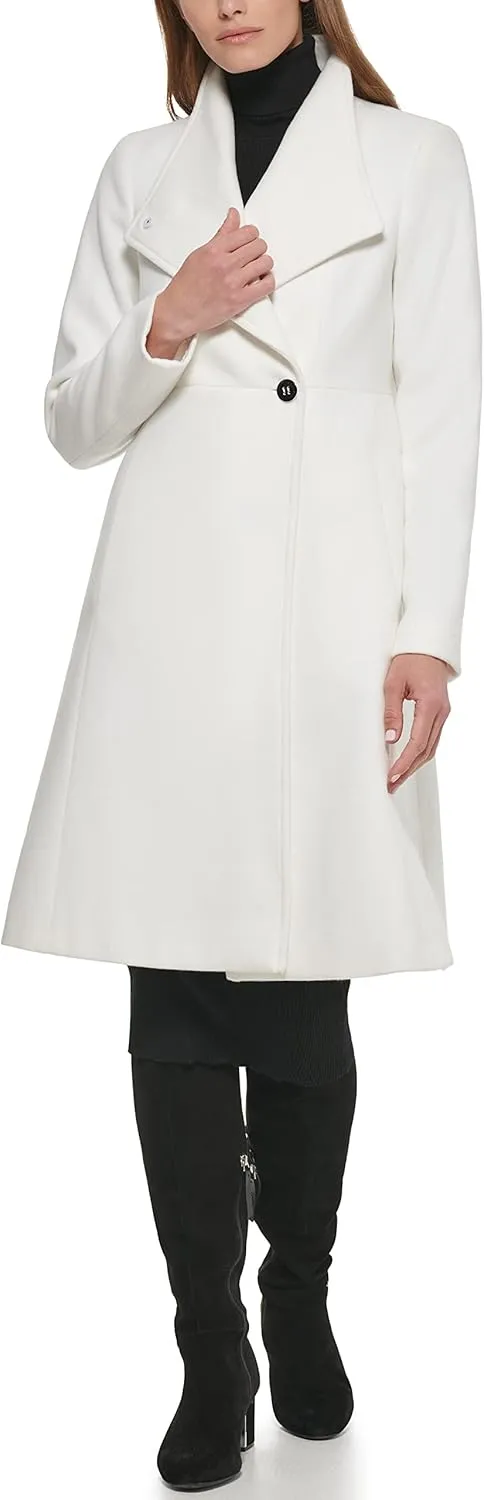 Calvin Klein Women's Ring Snap Detail Asymmetrical Closure Stand Collar Welt Pockets Coat