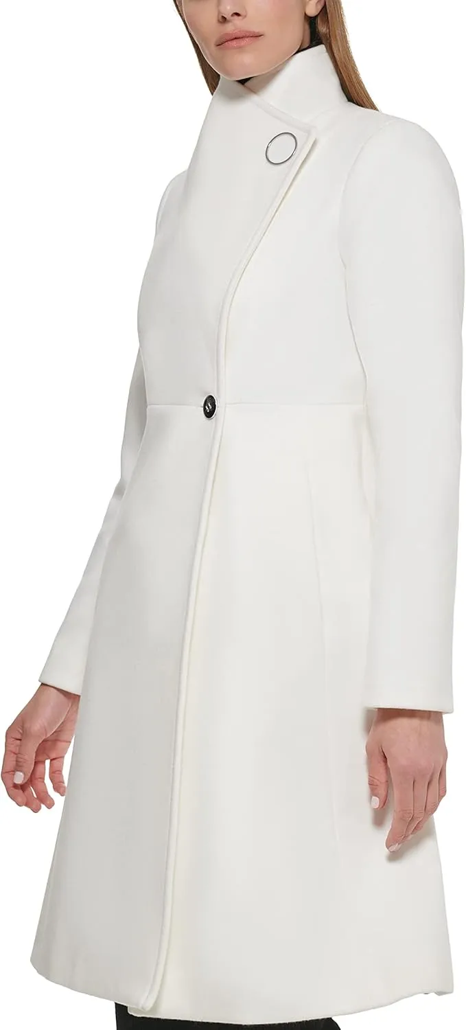 Calvin Klein Women's Ring Snap Detail Asymmetrical Closure Stand Collar Welt Pockets Coat