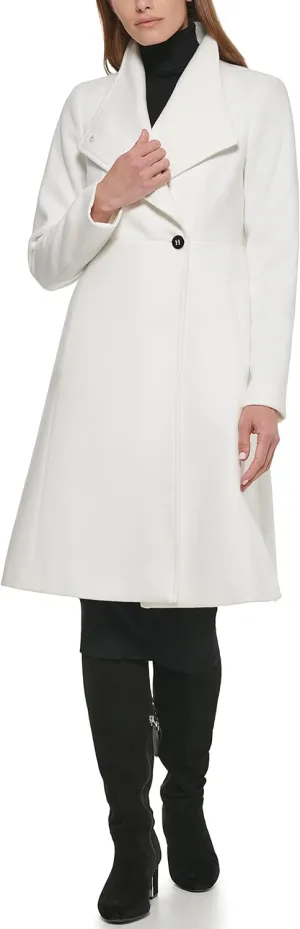 Calvin Klein Women's Ring Snap Detail Asymmetrical Closure Stand Collar Welt Pockets Coat