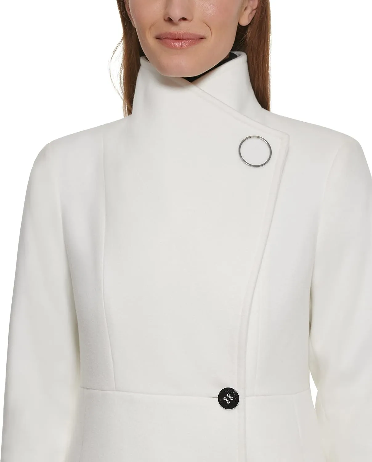 Calvin Klein Women's Ring Snap Detail Asymmetrical Closure Stand Collar Welt Pockets Coat