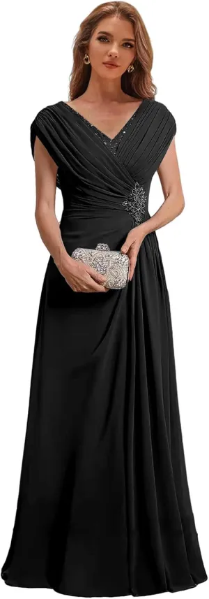 Cap Sleeve Mother of The Bride Dresses for Wedding V Neck Evening Gowns for Women Formal