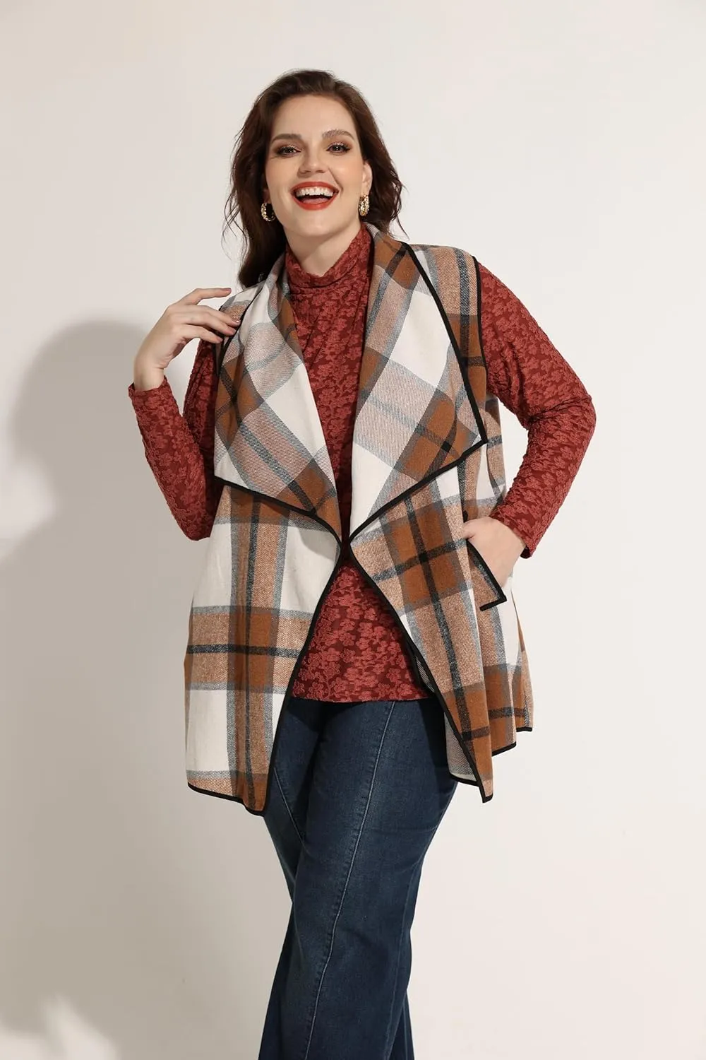 CARCOS Plus Size Women Vest Plaid Lapel Open Front Cardigan Buffalo Sleeveless Jacket Coat with Pockets XL-5XL