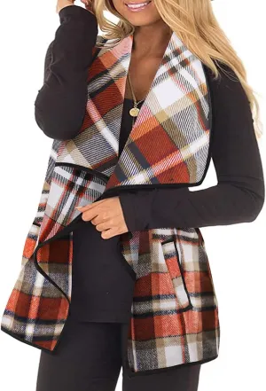 CARCOS Plus Size Women Vest Plaid Lapel Open Front Cardigan Buffalo Sleeveless Jacket Coat with Pockets XL-5XL