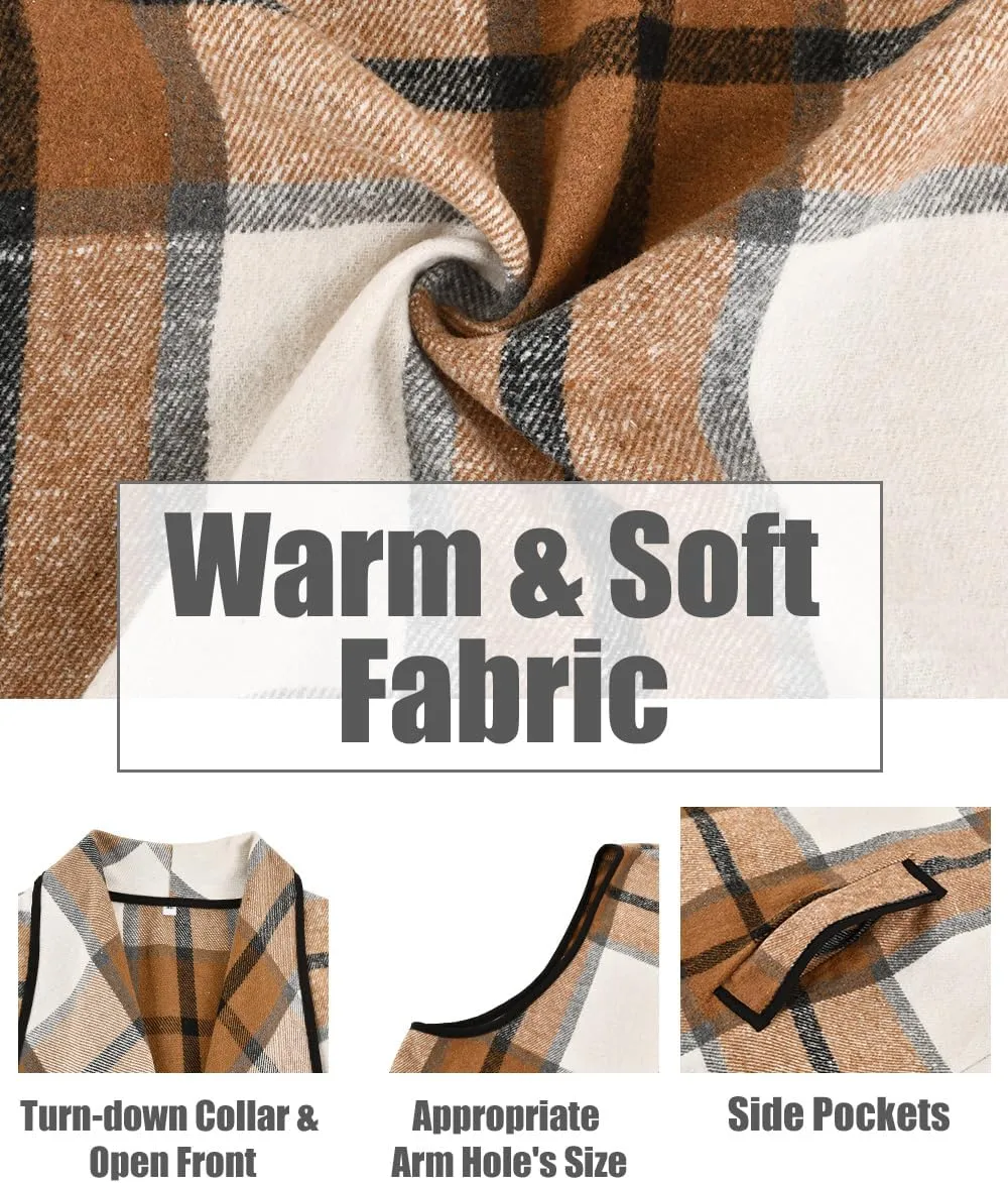 CARCOS Plus Size Women Vest Plaid Lapel Open Front Cardigan Buffalo Sleeveless Jacket Coat with Pockets XL-5XL