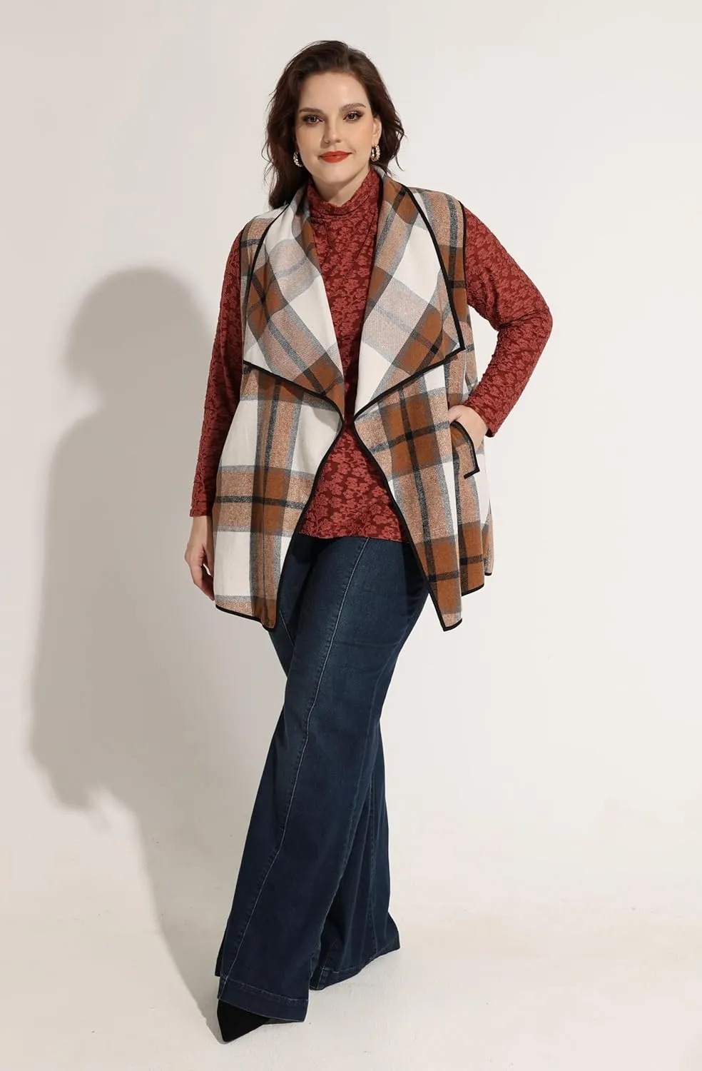 CARCOS Plus Size Women Vest Plaid Lapel Open Front Cardigan Buffalo Sleeveless Jacket Coat with Pockets XL-5XL