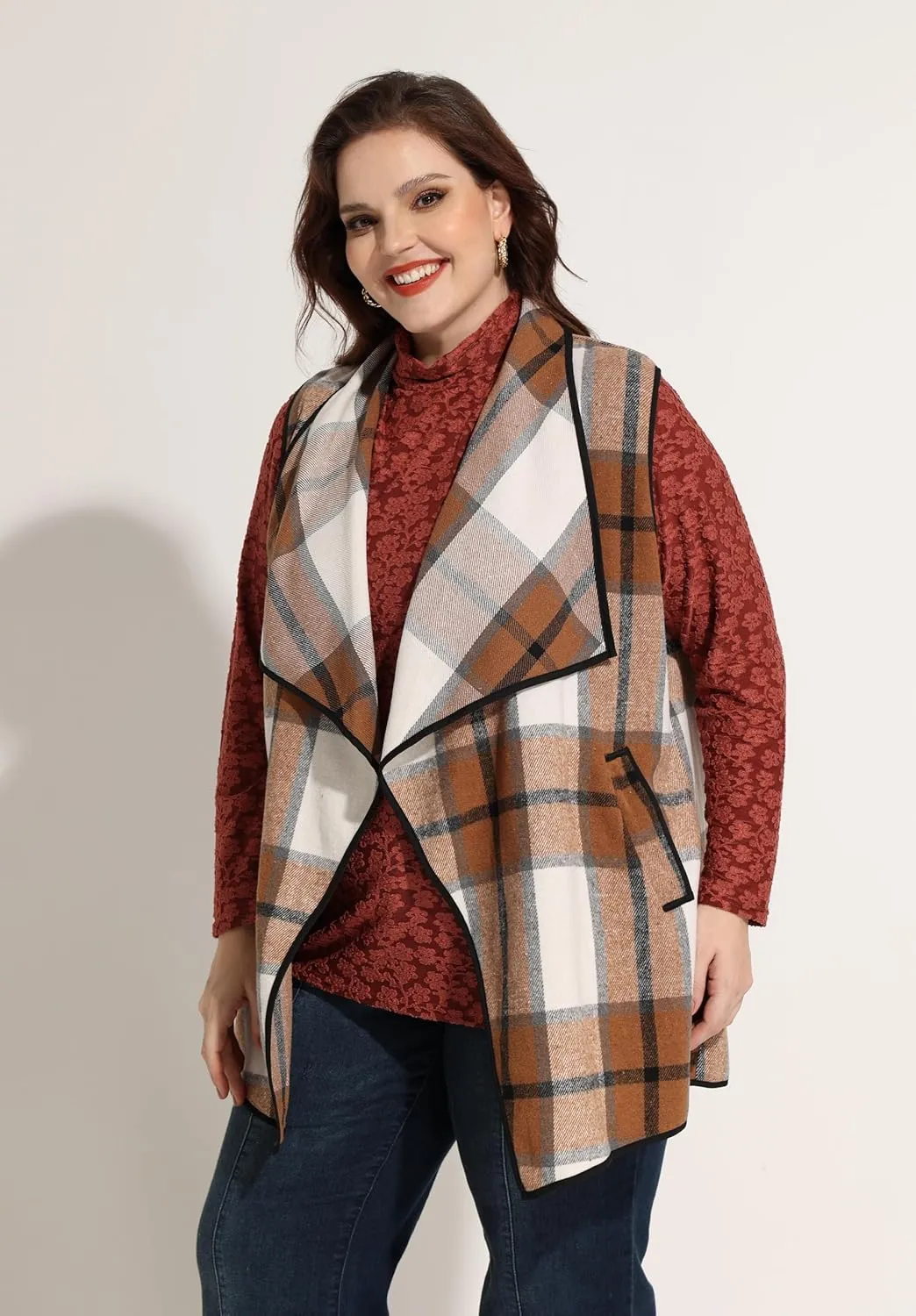 CARCOS Plus Size Women Vest Plaid Lapel Open Front Cardigan Buffalo Sleeveless Jacket Coat with Pockets XL-5XL