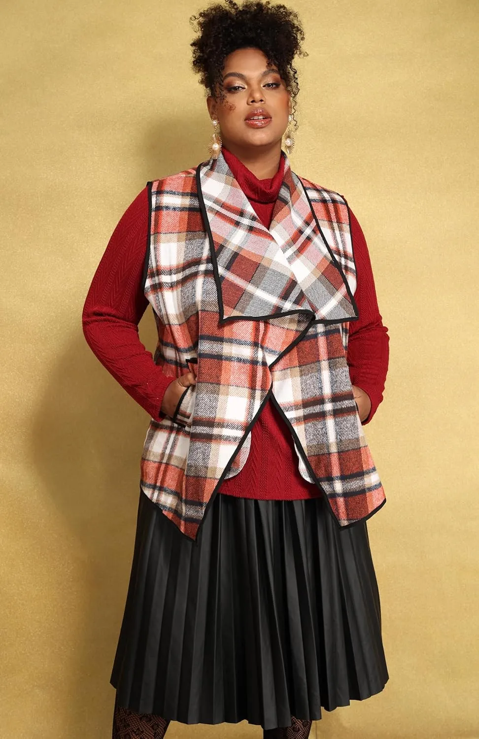 CARCOS Plus Size Women Vest Plaid Lapel Open Front Cardigan Buffalo Sleeveless Jacket Coat with Pockets XL-5XL