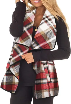 CARCOS Plus Size Women Vest Plaid Lapel Open Front Cardigan Buffalo Sleeveless Jacket Coat with Pockets XL-5XL