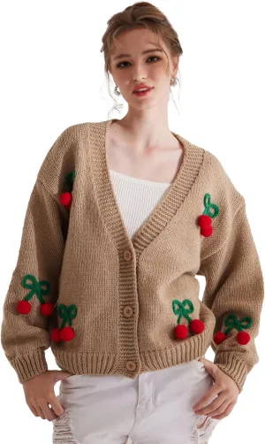 Cardigan Sweaters for Women Long Sleeve V-Neck Button Knit 3D Cherry Y2k Surcoat