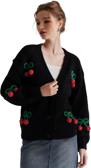 Cardigan Sweaters for Women Long Sleeve V-Neck Button Knit 3D Cherry Y2k Surcoat