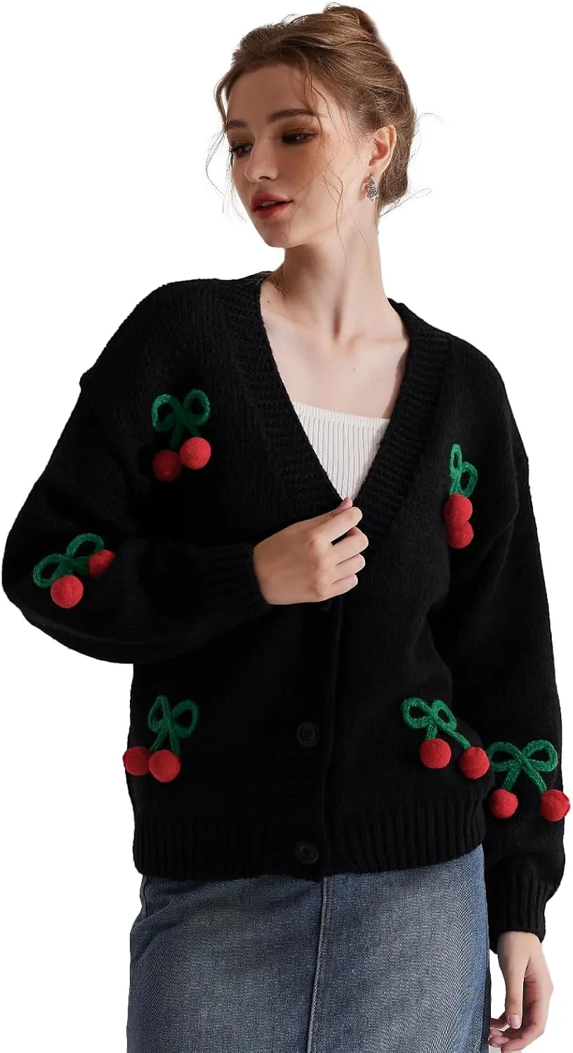 Cardigan Sweaters for Women Long Sleeve V-Neck Button Knit 3D Cherry Y2k Surcoat