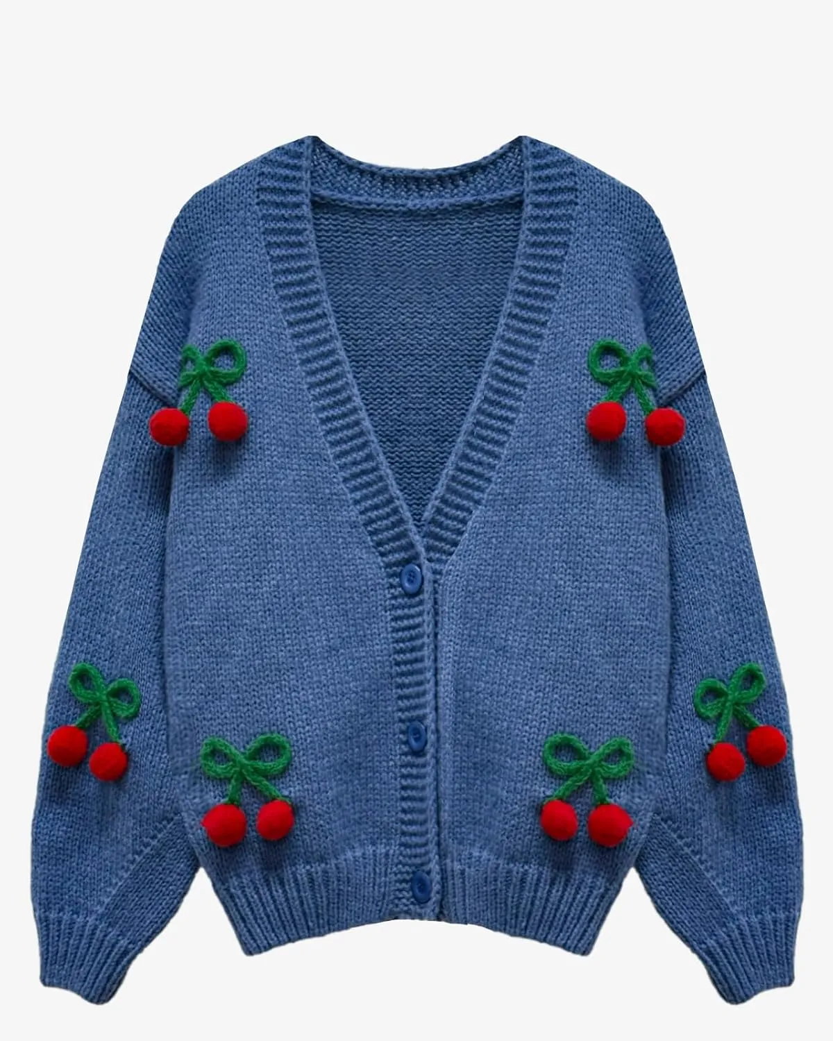 Cardigan Sweaters for Women Long Sleeve V-Neck Button Knit 3D Cherry Y2k Surcoat