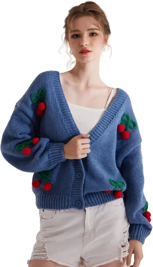 Cardigan Sweaters for Women Long Sleeve V-Neck Button Knit 3D Cherry Y2k Surcoat