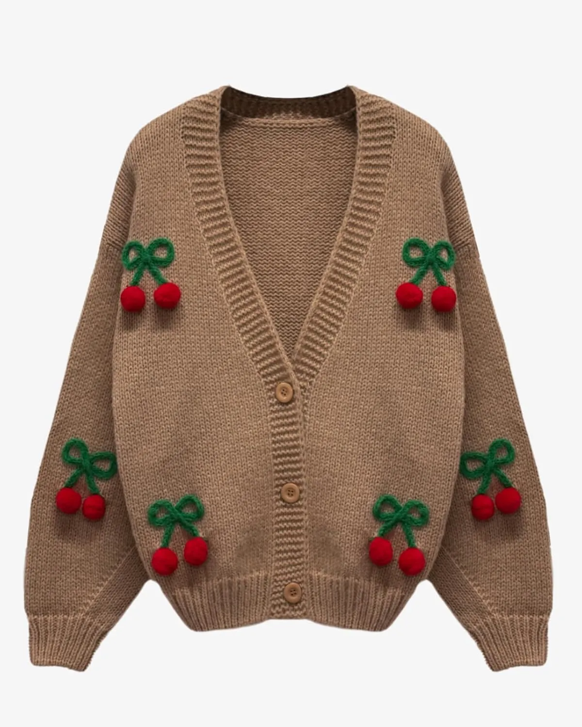 Cardigan Sweaters for Women Long Sleeve V-Neck Button Knit 3D Cherry Y2k Surcoat