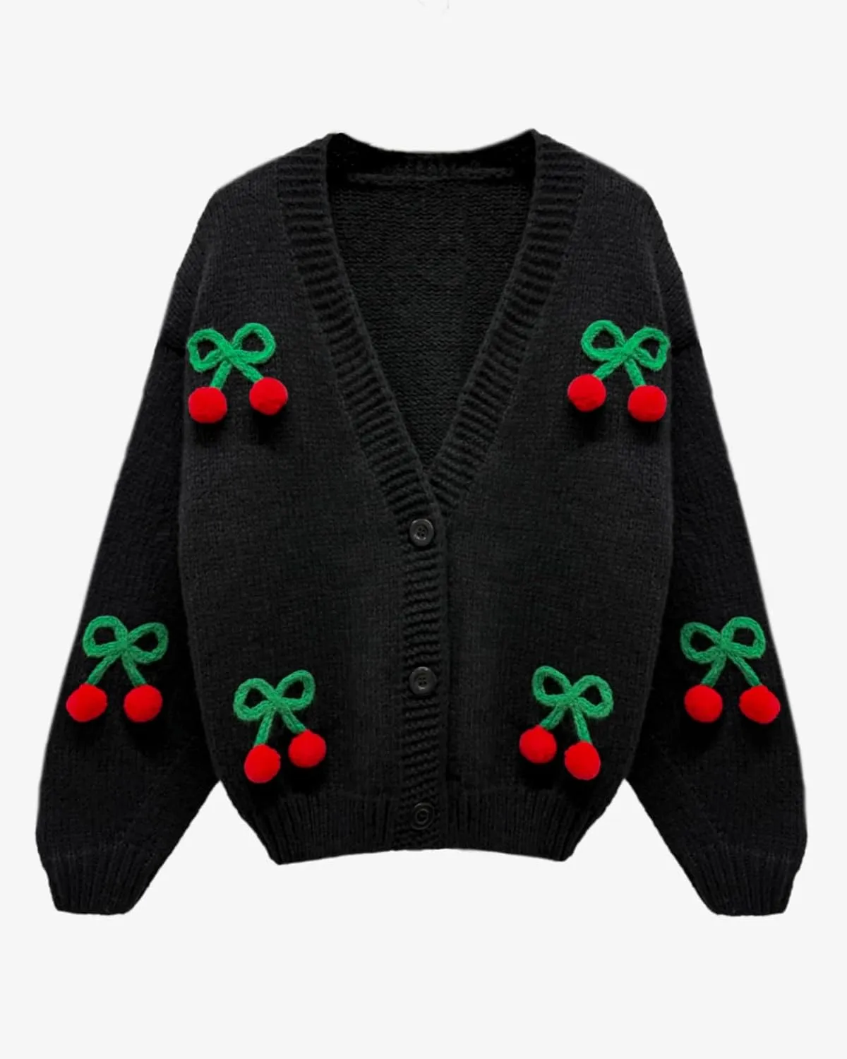 Cardigan Sweaters for Women Long Sleeve V-Neck Button Knit 3D Cherry Y2k Surcoat
