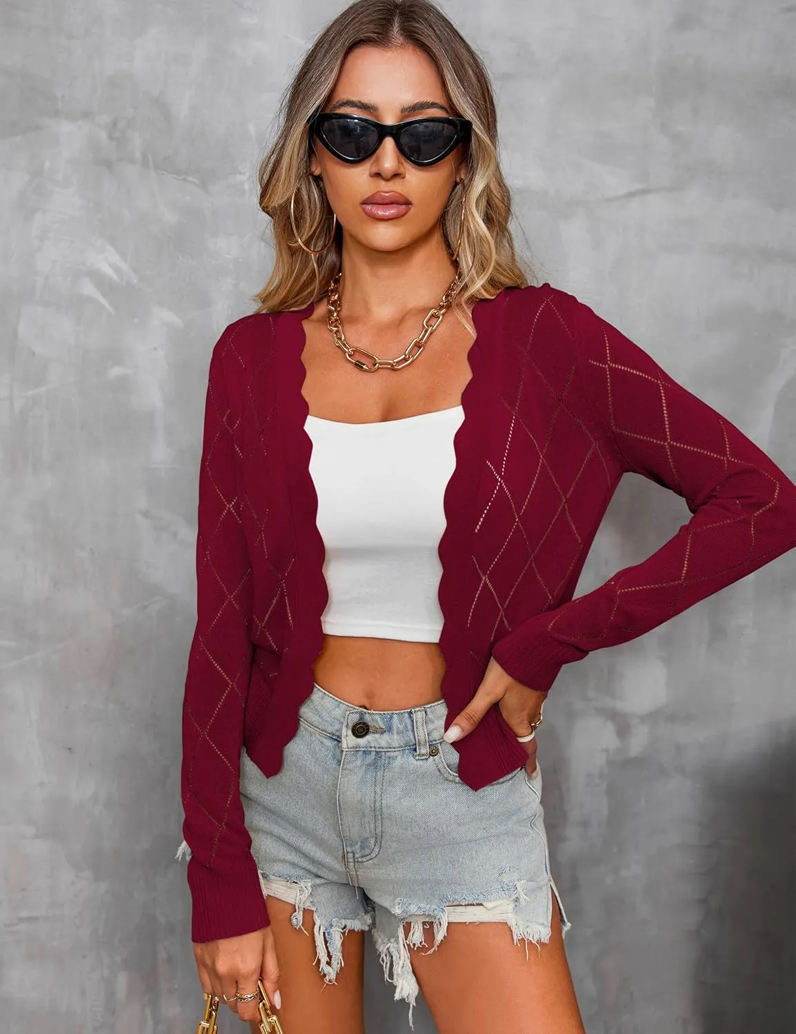 CARDYDONY Women's Long Sleeve Cropped Cardigan Sweaters Open Front Hollow Out Shrugs S-XL