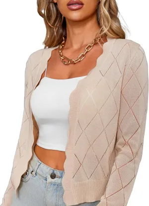 CARDYDONY Women's Long Sleeve Cropped Cardigan Sweaters Open Front Hollow Out Shrugs S-XL