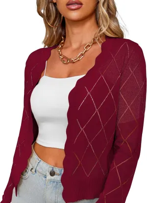 CARDYDONY Women's Long Sleeve Cropped Cardigan Sweaters Open Front Hollow Out Shrugs S-XL