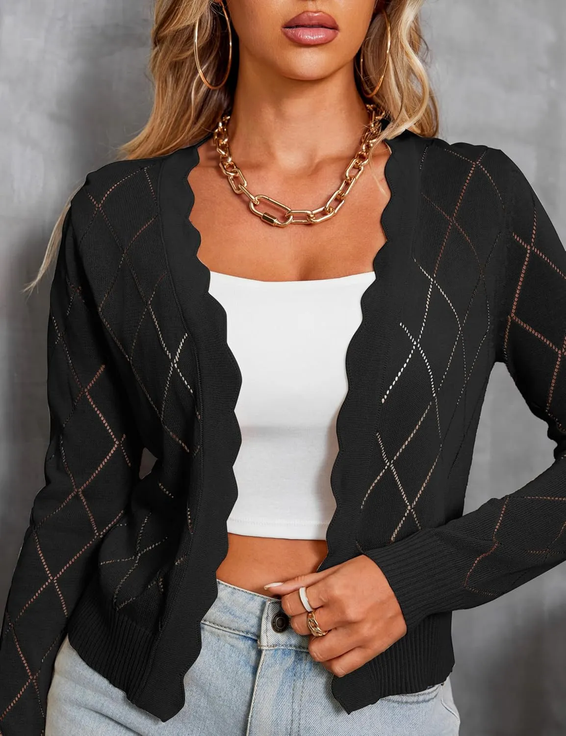 CARDYDONY Women's Long Sleeve Cropped Cardigan Sweaters Open Front Hollow Out Shrugs S-XL