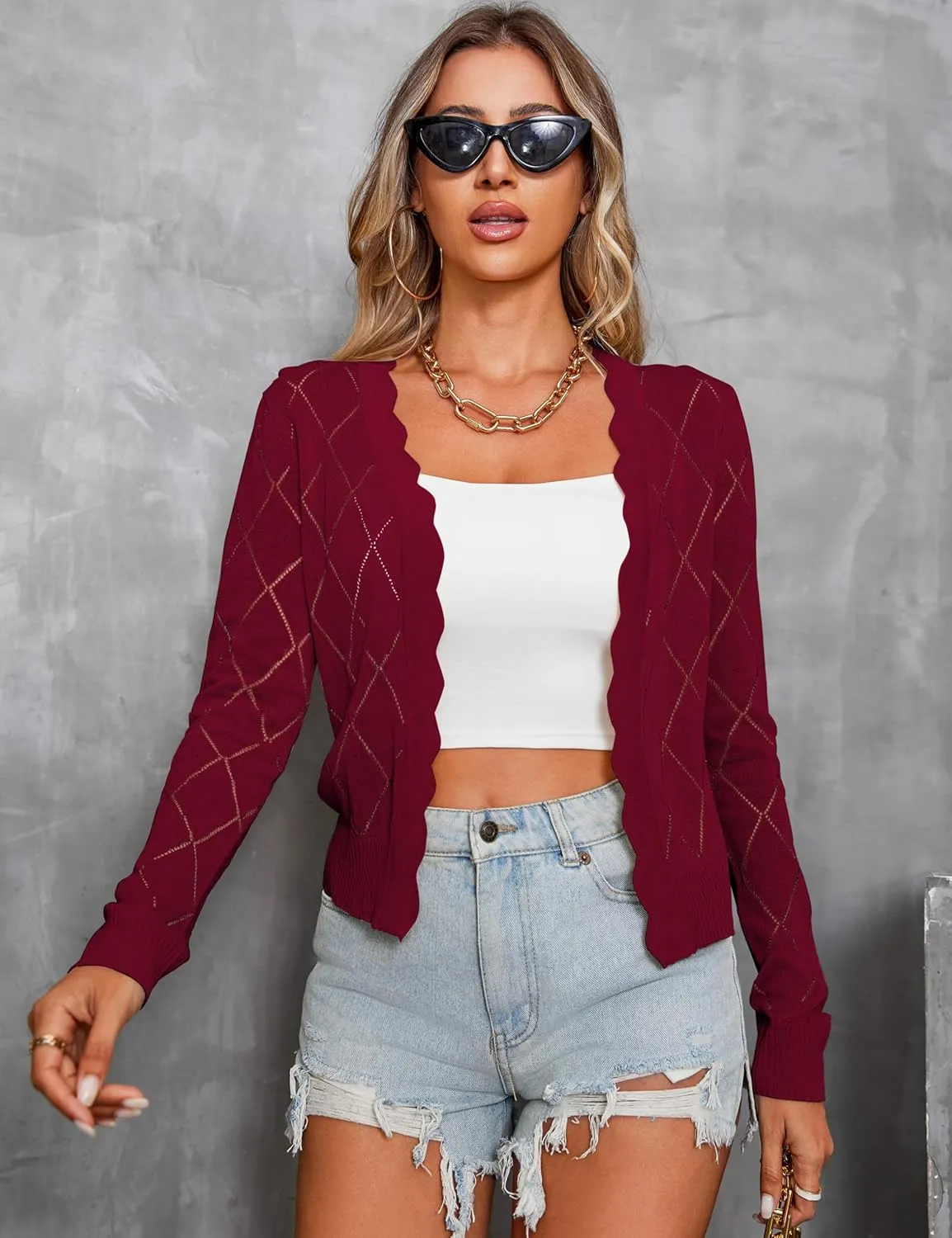 CARDYDONY Women's Long Sleeve Cropped Cardigan Sweaters Open Front Hollow Out Shrugs S-XL