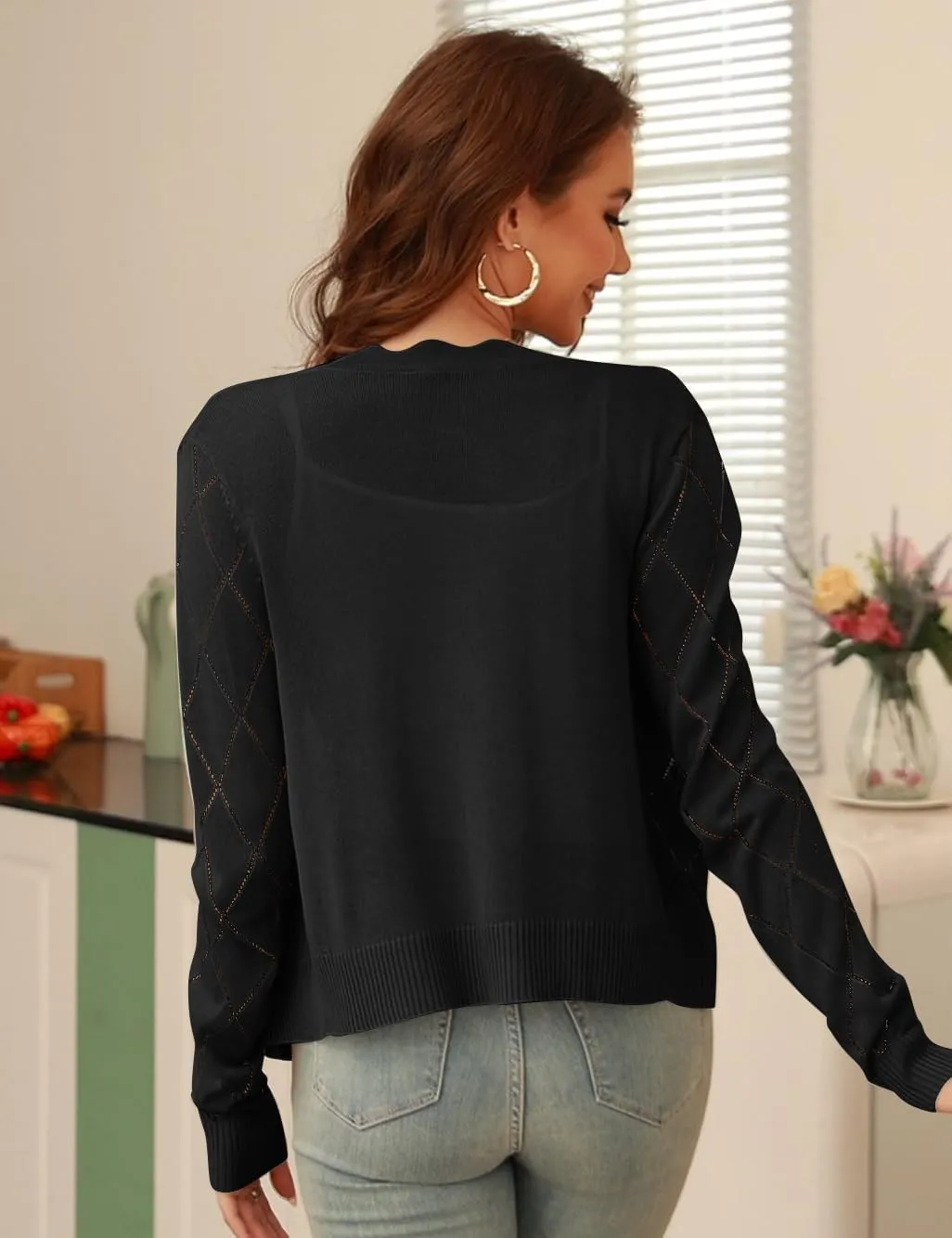 CARDYDONY Women's Long Sleeve Cropped Cardigan Sweaters Open Front Hollow Out Shrugs S-XL