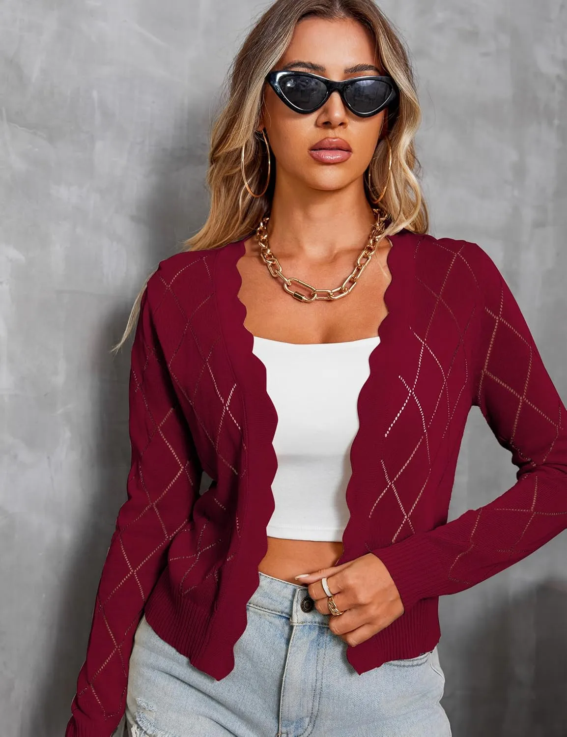 CARDYDONY Women's Long Sleeve Cropped Cardigan Sweaters Open Front Hollow Out Shrugs S-XL