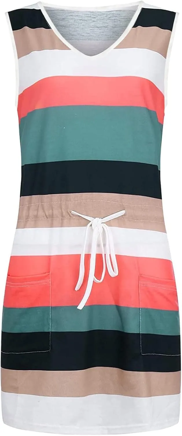 Cbcbtwo Beach Vacation Clothes for Women 2025 Summer Dress Sleeveless Tie Front A-Line Double Layer Hem Mini Dresses