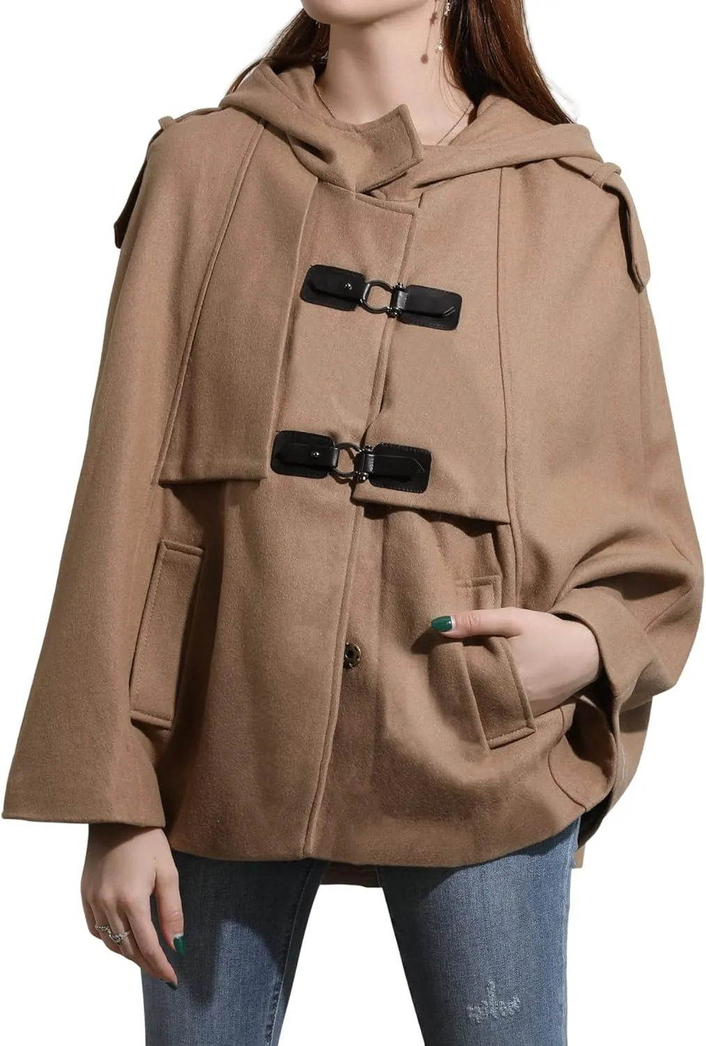 CHARTOU Women's Cute Batwing-Sleeve Hooded Wool Baggy Poncho Cape Cardigans Outwear