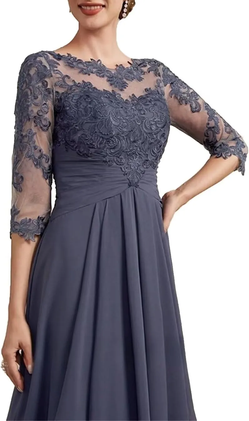 Chiffon A Line Mother of The Bride Groom Dresses for Wedding with Lace Appliques Formal Gowns