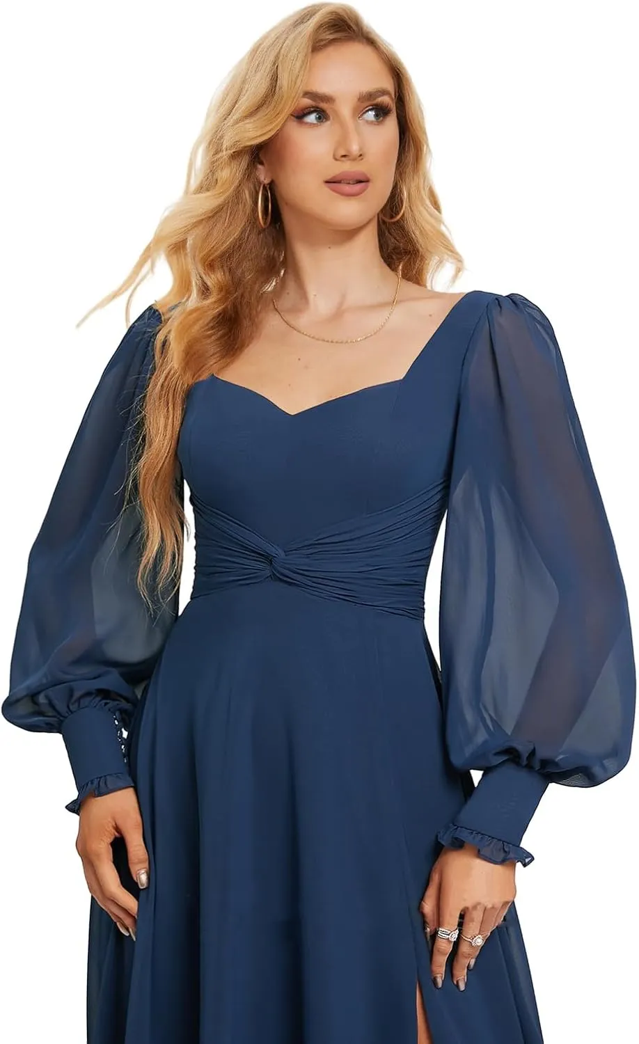 Chiffon Bridesmaid Dresses for Women Long Sleeve Wedding Guest Dress with Slit Formal Evening Gown