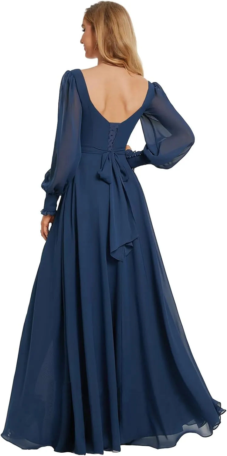 Chiffon Bridesmaid Dresses for Women Long Sleeve Wedding Guest Dress with Slit Formal Evening Gown