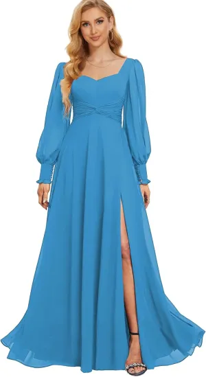 Chiffon Bridesmaid Dresses for Women Long Sleeve Wedding Guest Dress with Slit Formal Evening Gown