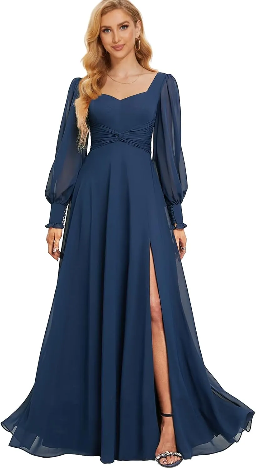 Chiffon Bridesmaid Dresses for Women Long Sleeve Wedding Guest Dress with Slit Formal Evening Gown