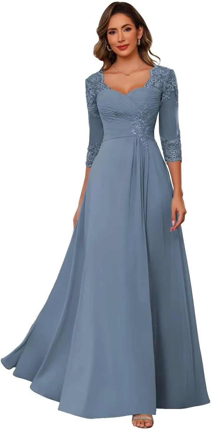 Chiffon Mother of Bride Dresses 2025 Lace Appliques 3/4 Sleeve Formal Dresses A Line Long Evening Prom Dress AU096