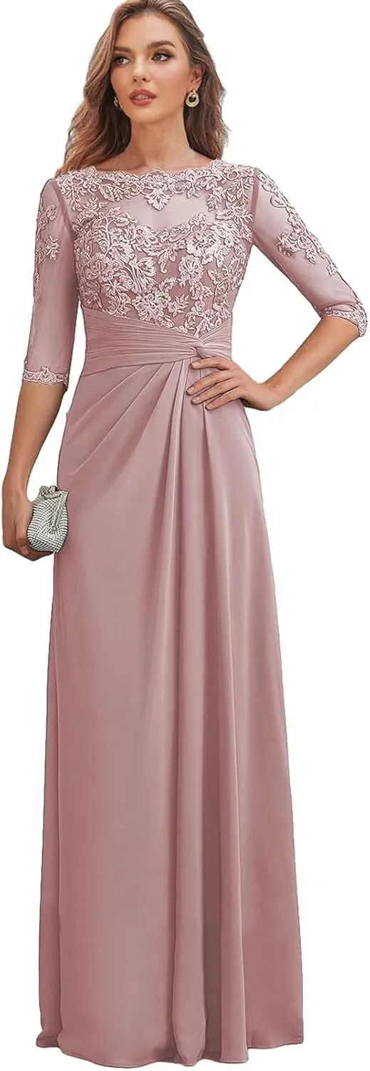 Chiffon Mother of The Bride Dresses for Wedding Corset Lace Formal Evening Dress with Sleeves