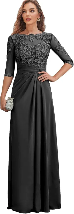 Chiffon Mother of The Bride Dresses for Wedding Corset Lace Formal Evening Dress with Sleeves