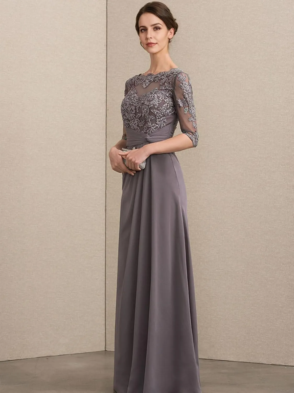 Chiffon Mother of The Bride Dresses for Wedding Long Sleeves Formal Evening Dress Lace Appliques