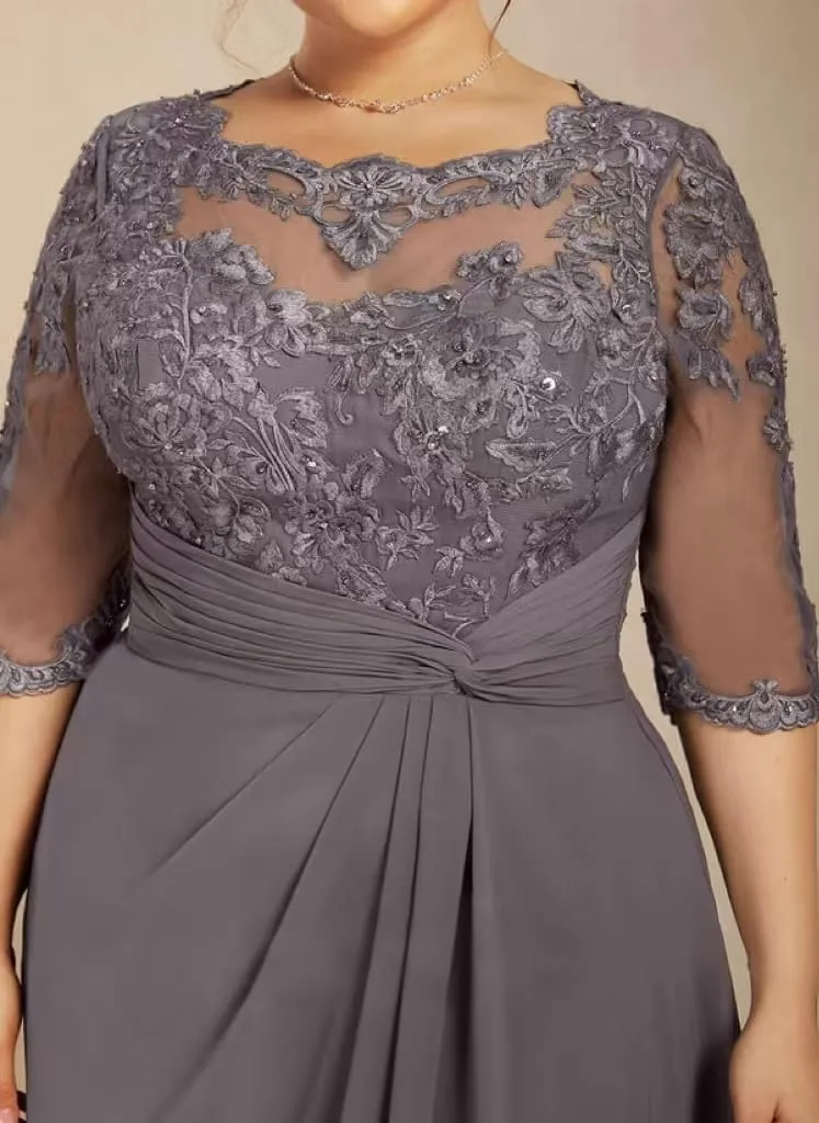 Chiffon Mother of The Bride Dresses for Wedding Long Sleeves Formal Evening Dress Lace Appliques