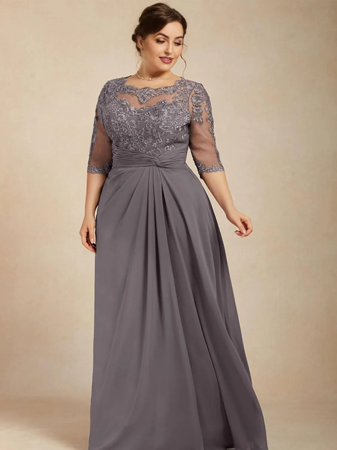 Chiffon Mother of The Bride Dresses for Wedding Long Sleeves Formal Evening Dress Lace Appliques