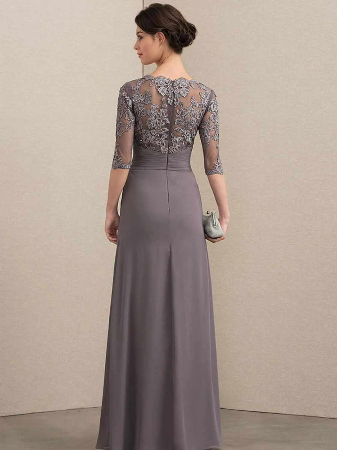 Chiffon Mother of The Bride Dresses for Wedding Long Sleeves Formal Evening Dress Lace Appliques
