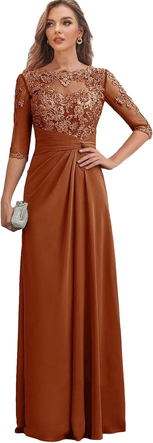 Chiffon Mother of The Bride Dresses for Wedding Long Sleeves Formal Evening Dress Lace Appliques