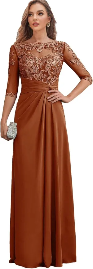 Chiffon Mother of The Bride Dresses for Wedding Long Sleeves Formal Evening Dress Lace Appliques