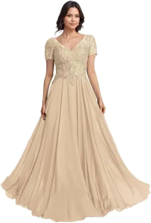 Chiffon Mother of The Bride Dresses for Women Laces Applique A Line Short Sleeves Formal Mother of Groom Dresses