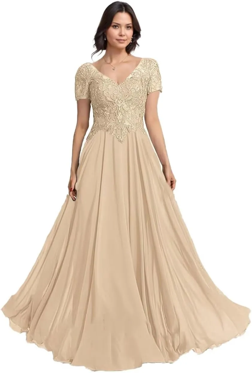 Chiffon Mother of The Bride Dresses for Women Laces Applique A Line Short Sleeves Formal Mother of Groom Dresses