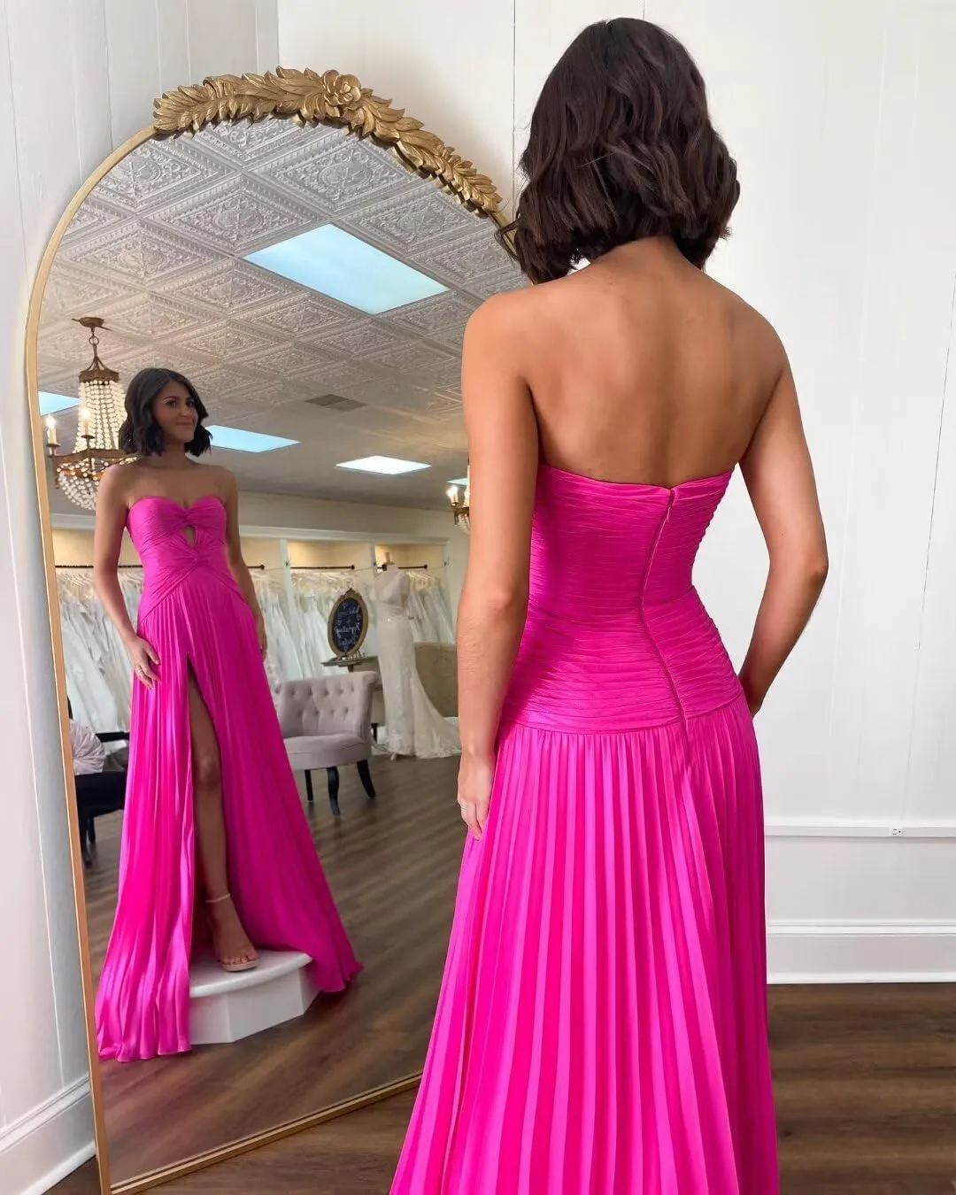 Chiffon Prom Dress with Slit Long Ball Gown Strapless Keyhole Pleated A Line Formal Evening Party Dresses for Women