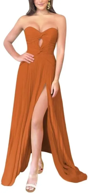 Chiffon Prom Dress with Slit Long Ball Gown Strapless Keyhole Pleated A Line Formal Evening Party Dresses for Women