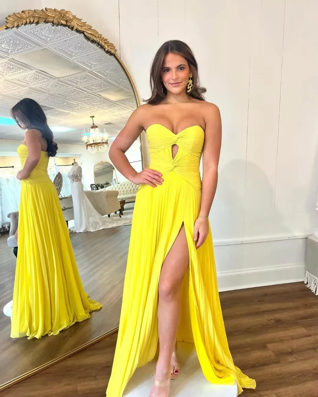 Chiffon Prom Dress with Slit Long Ball Gown Strapless Keyhole Pleated A Line Formal Evening Party Dresses for Women