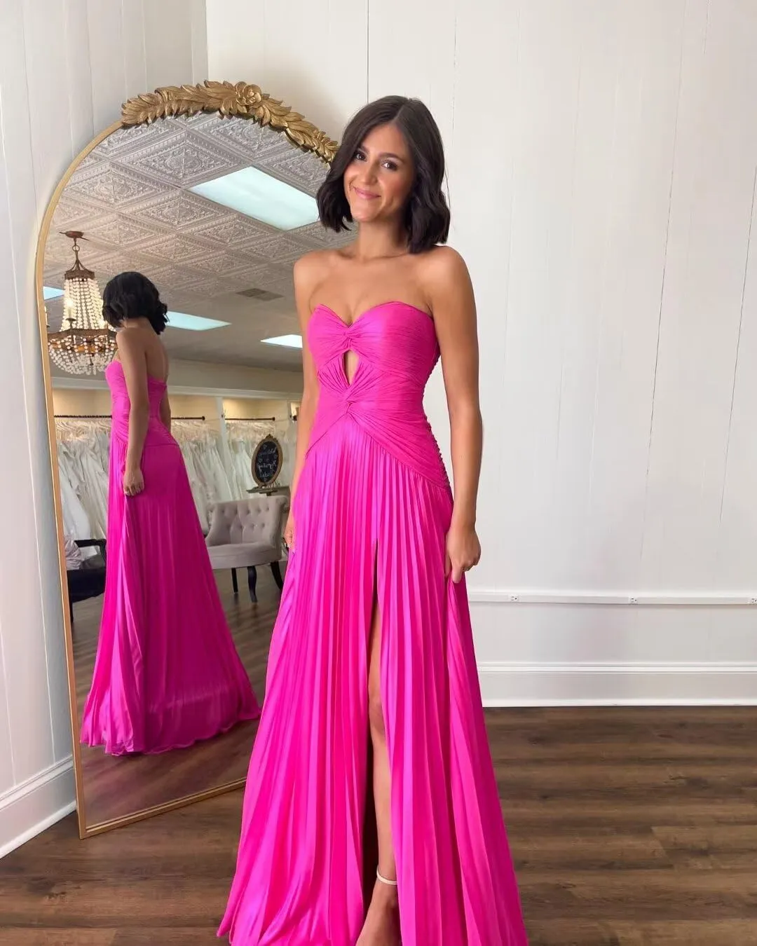 Chiffon Prom Dress with Slit Long Ball Gown Strapless Keyhole Pleated A Line Formal Evening Party Dresses for Women